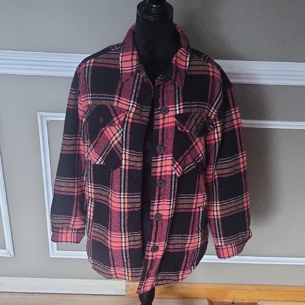 Plaid Button-Up Shirt Jacket Orange & Black Size Small Women's